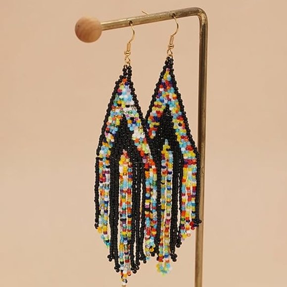Long 5" Multicolor Black Stripe Handmade Beaded Oversized Statement Earrings New - Picture 5 of 5